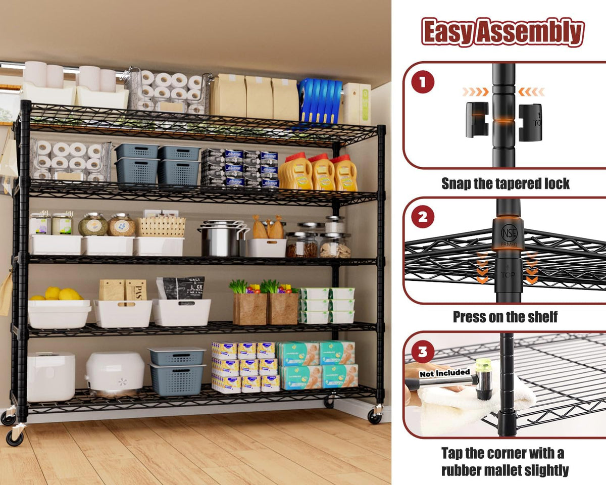 74" H Wire Shelving 1250lbs 5 Tier Storage Shelves with Wheels