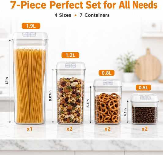 7-Piece Airtight Food Storage Containers with Lids, Clear Stackable Pantry Organization Set for Flour, Sugar, Cereal, Snacks and Kitchen Storage