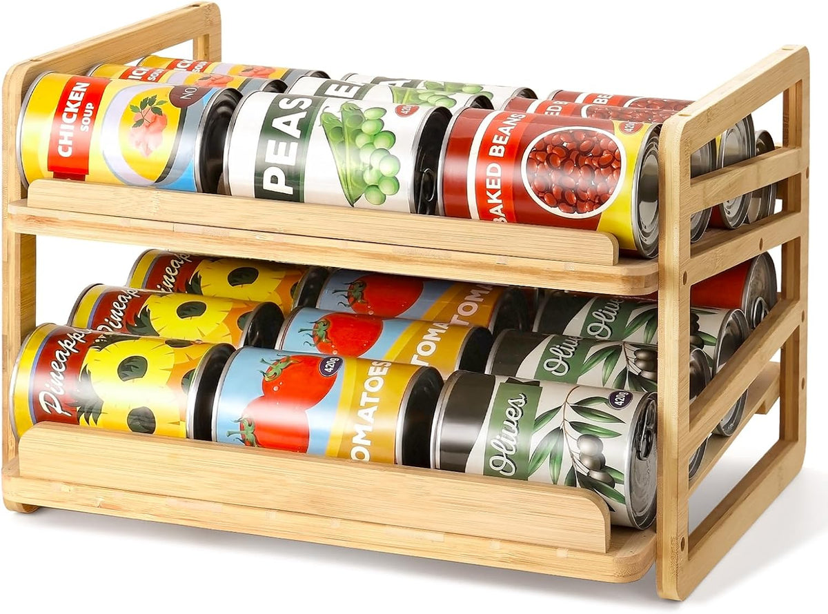 Rolling Bamboo Can Organizer Rack, Stackable Can Storage | Double-Layer Can Storage for Pantry, Canned Goods Holder Dispenser For Countertop Kitchen Cabinet or Pantry Shelf