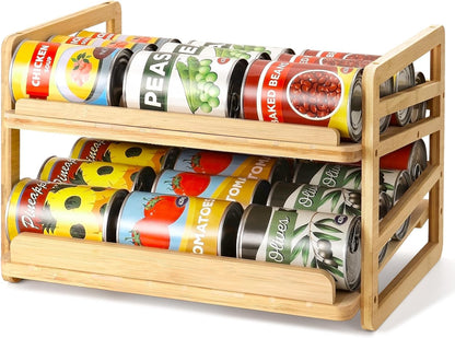 Rolling Bamboo Can Organizer Rack, Stackable Can Storage | Double-Layer Can Storage for Pantry, Canned Goods Holder Dispenser For Countertop Kitchen Cabinet or Pantry Shelf