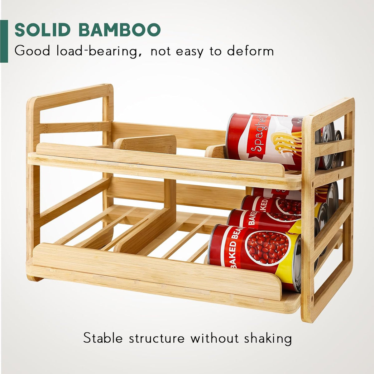 Rolling Bamboo Can Organizer Rack, Stackable Can Storage | Double-Layer Can Storage for Pantry, Canned Goods Holder Dispenser For Countertop Kitchen Cabinet or Pantry Shelf