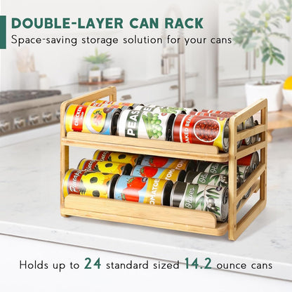 Rolling Bamboo Can Organizer Rack, Stackable Can Storage | Double-Layer Can Storage for Pantry, Canned Goods Holder Dispenser For Countertop Kitchen Cabinet or Pantry Shelf