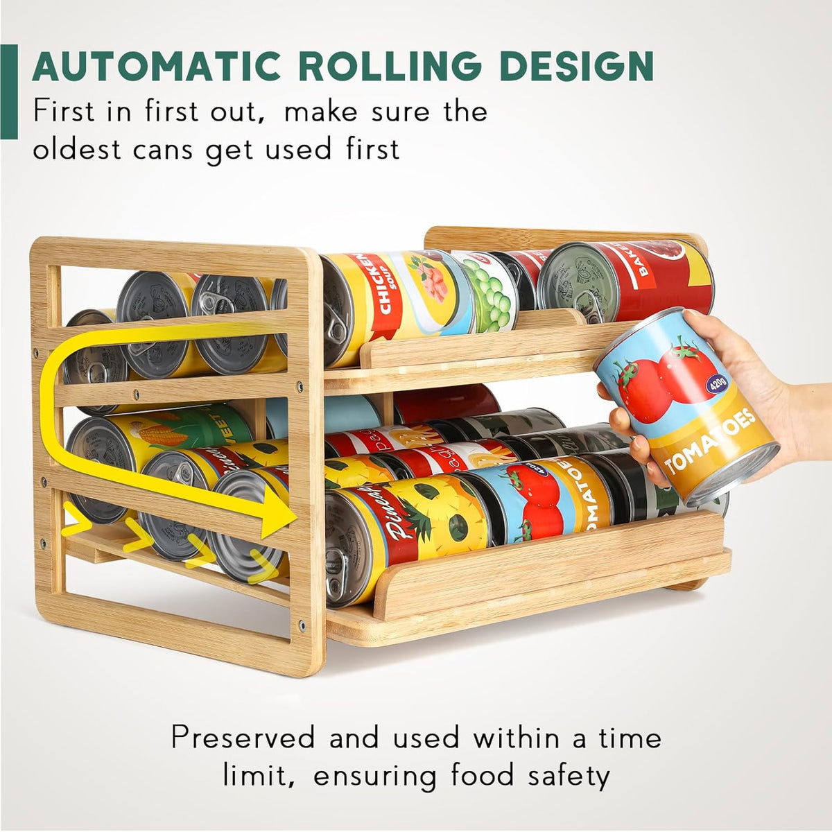 Rolling Bamboo Can Organizer Rack, Stackable Can Storage | Double-Layer Can Storage for Pantry, Canned Goods Holder Dispenser For Countertop Kitchen Cabinet or Pantry Shelf