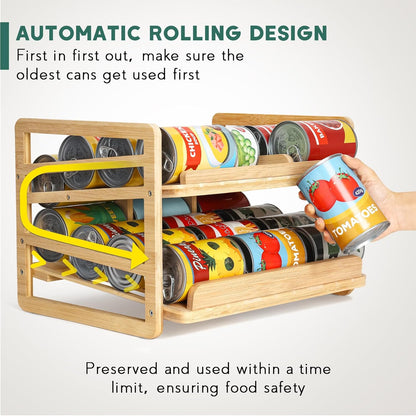 Rolling Bamboo Can Organizer Rack, Stackable Can Storage | Double-Layer Can Storage for Pantry, Canned Goods Holder Dispenser For Countertop Kitchen Cabinet or Pantry Shelf