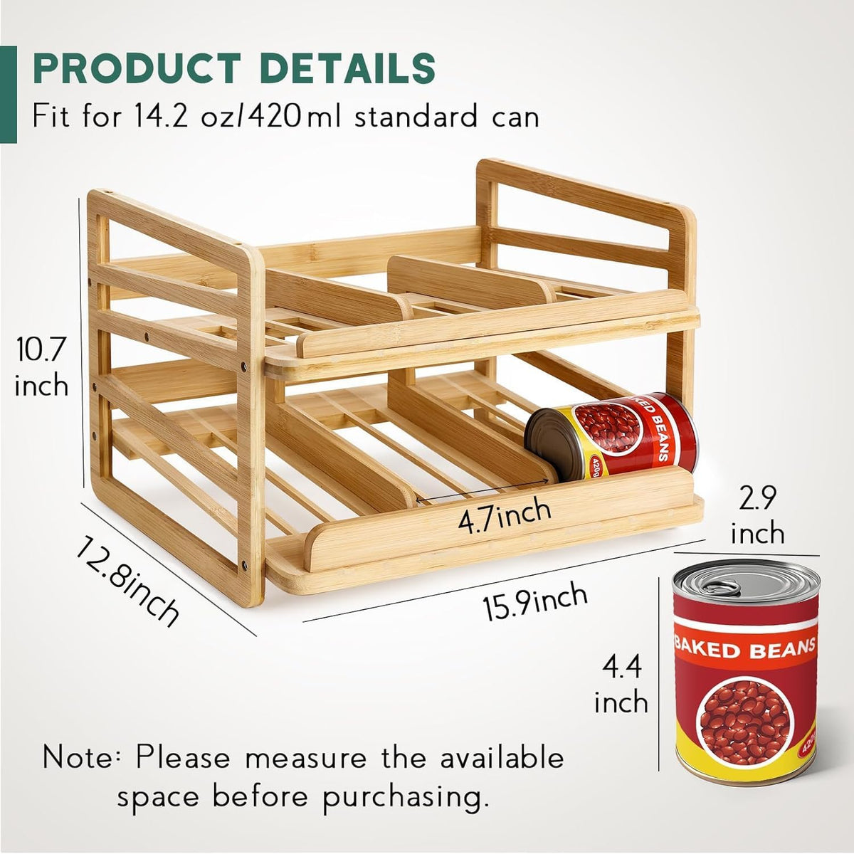 Rolling Bamboo Can Organizer Rack, Stackable Can Storage | Double-Layer Can Storage for Pantry, Canned Goods Holder Dispenser For Countertop Kitchen Cabinet or Pantry Shelf