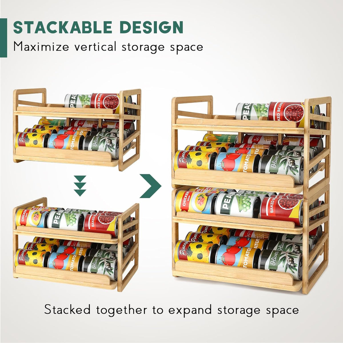 Rolling Bamboo Can Organizer Rack, Stackable Can Storage | Double-Layer Can Storage for Pantry, Canned Goods Holder Dispenser For Countertop Kitchen Cabinet or Pantry Shelf