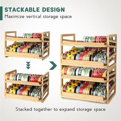Rolling Bamboo Can Organizer Rack, Stackable Can Storage | Double-Layer Can Storage for Pantry, Canned Goods Holder Dispenser For Countertop Kitchen Cabinet or Pantry Shelf