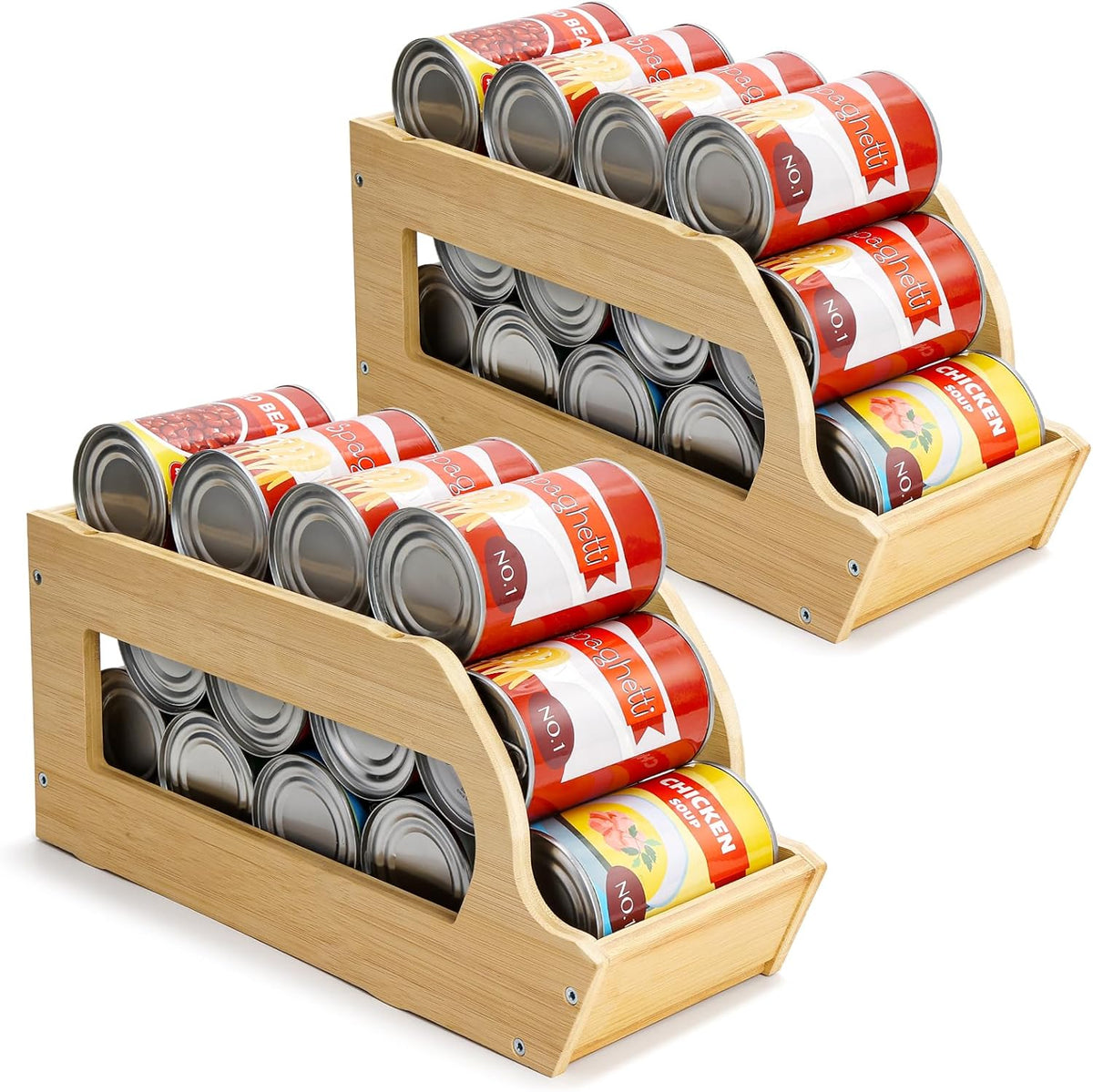 Rolling Bamboo Can Organizer Rack, Stackable Can Storage | Double-Layer Can Storage for Pantry, Canned Goods Holder Dispenser For Countertop Kitchen Cabinet or Pantry Shelf