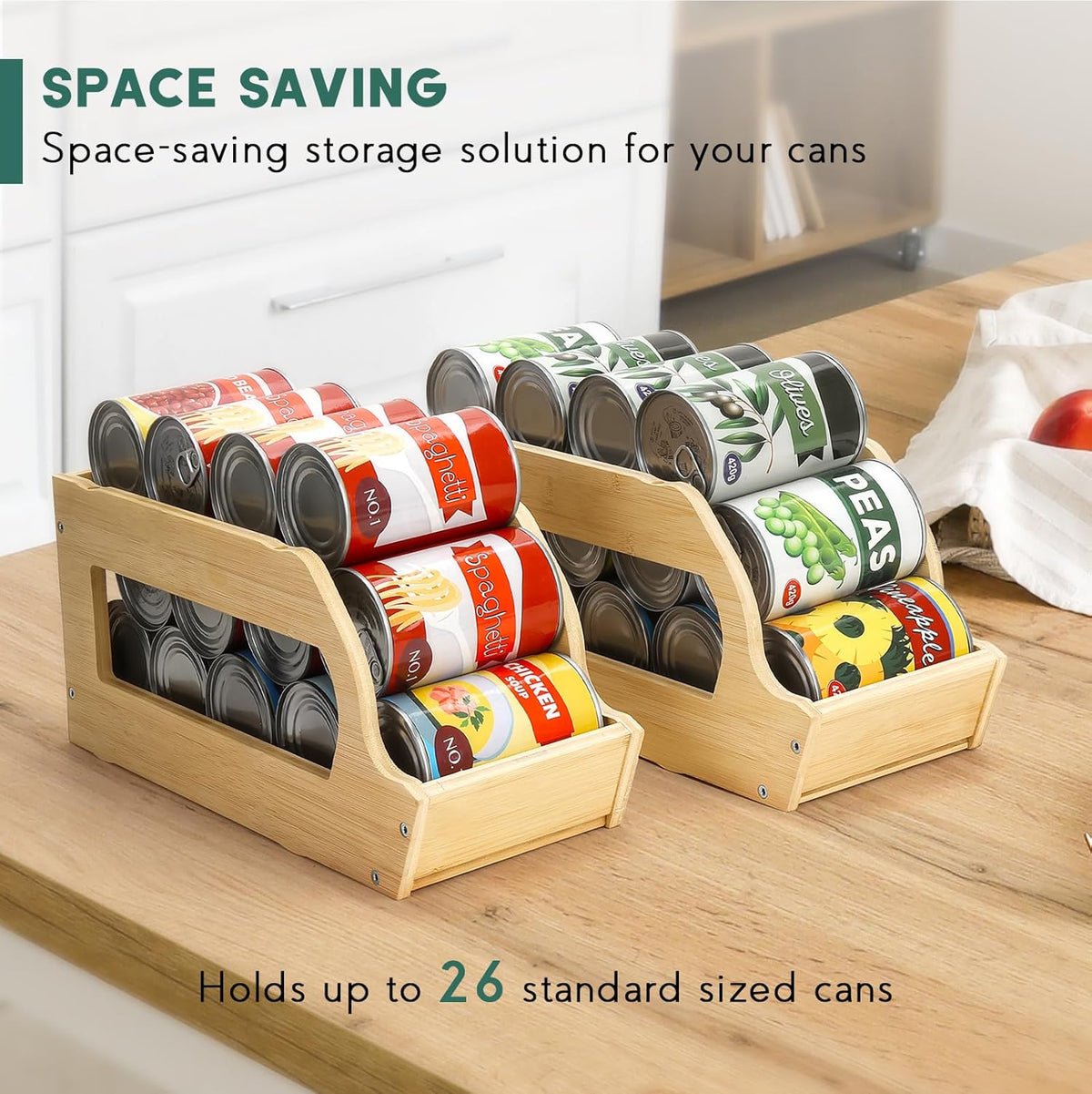 Rolling Bamboo Can Organizer Rack, Stackable Can Storage | Double-Layer Can Storage for Pantry, Canned Goods Holder Dispenser For Countertop Kitchen Cabinet or Pantry Shelf