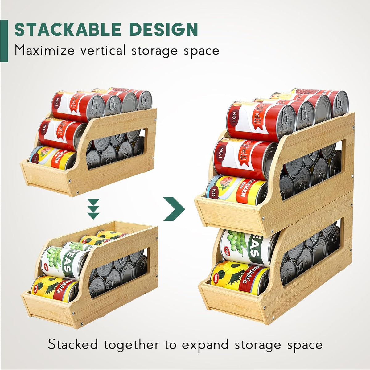 Rolling Bamboo Can Organizer Rack, Stackable Can Storage | Double-Layer Can Storage for Pantry, Canned Goods Holder Dispenser For Countertop Kitchen Cabinet or Pantry Shelf