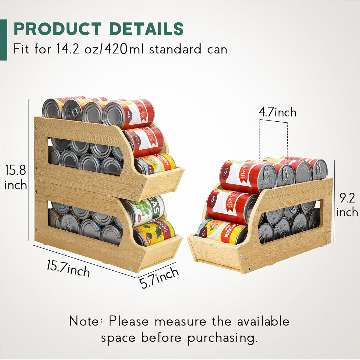 Rolling Bamboo Can Organizer Rack, Stackable Can Storage | Double-Layer Can Storage for Pantry, Canned Goods Holder Dispenser For Countertop Kitchen Cabinet or Pantry Shelf