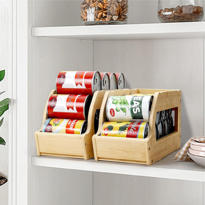 Rolling Bamboo Can Organizer Rack, Stackable Can Storage | Double-Layer Can Storage for Pantry, Canned Goods Holder Dispenser For Countertop Kitchen Cabinet or Pantry Shelf