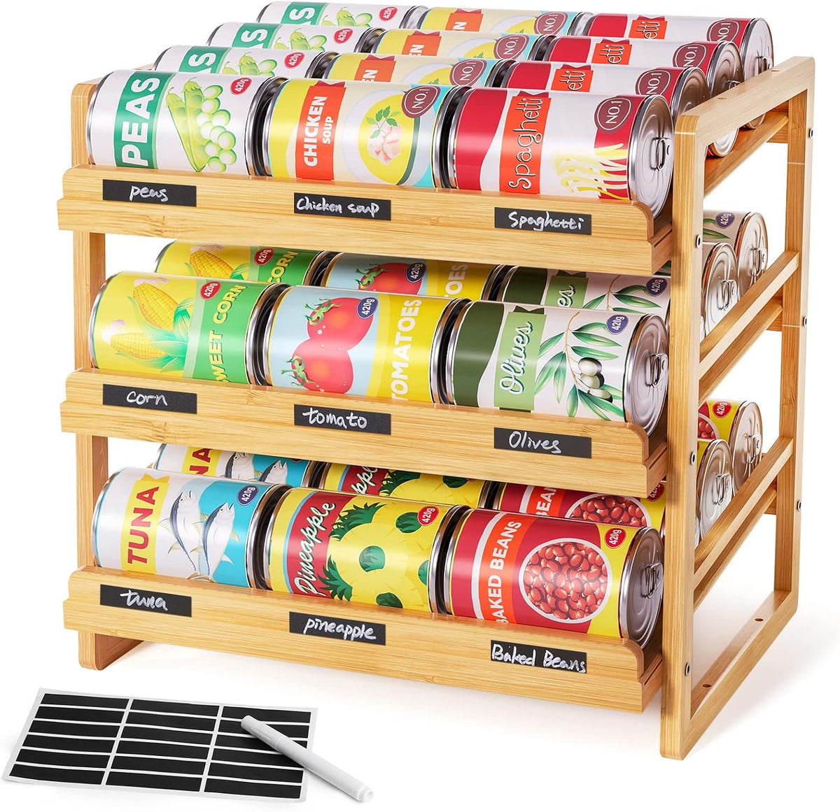 Rolling Bamboo Can Organizer Rack, Stackable Can Storage | Double-Layer Can Storage for Pantry, Canned Goods Holder Dispenser For Countertop Kitchen Cabinet or Pantry Shelf