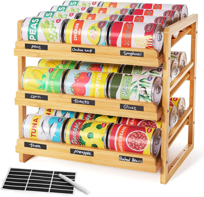 Rolling Bamboo Can Organizer Rack, Stackable Can Storage | Double-Layer Can Storage for Pantry, Canned Goods Holder Dispenser For Countertop Kitchen Cabinet or Pantry Shelf