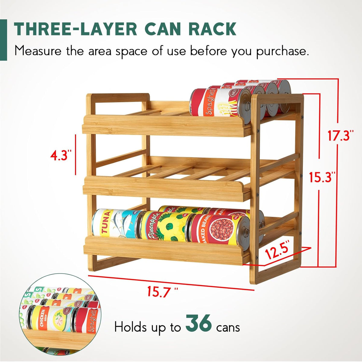 Rolling Bamboo Can Organizer Rack, Stackable Can Storage | Double-Layer Can Storage for Pantry, Canned Goods Holder Dispenser For Countertop Kitchen Cabinet or Pantry Shelf
