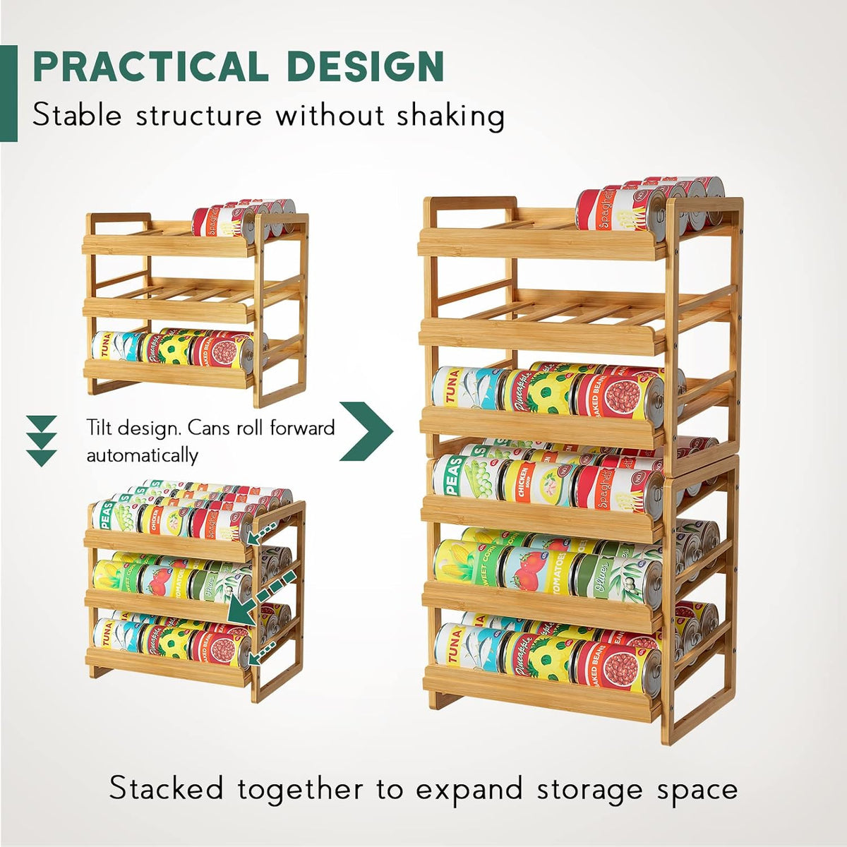 Rolling Bamboo Can Organizer Rack, Stackable Can Storage | Double-Layer Can Storage for Pantry, Canned Goods Holder Dispenser For Countertop Kitchen Cabinet or Pantry Shelf