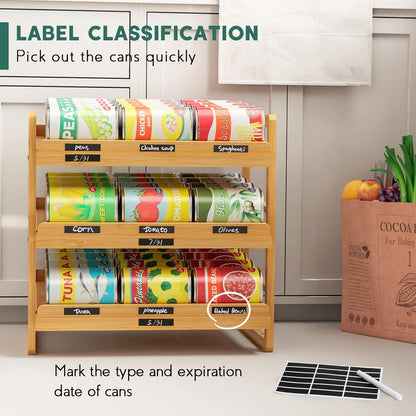 Rolling Bamboo Can Organizer Rack, Stackable Can Storage | Double-Layer Can Storage for Pantry, Canned Goods Holder Dispenser For Countertop Kitchen Cabinet or Pantry Shelf