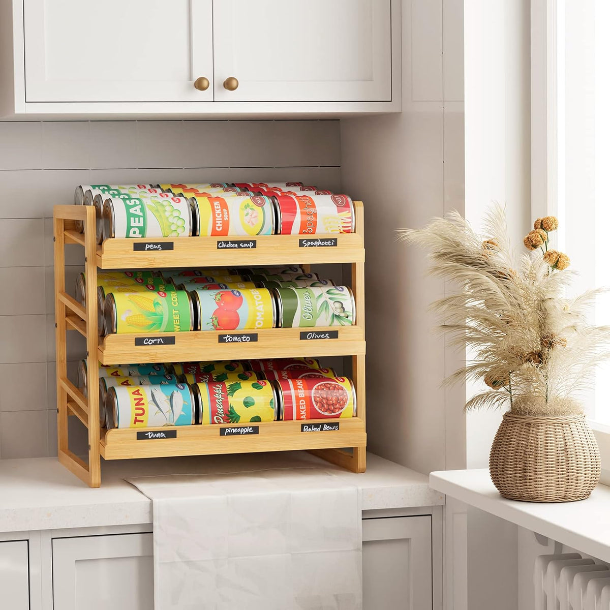 Rolling Bamboo Can Organizer Rack, Stackable Can Storage | Double-Layer Can Storage for Pantry, Canned Goods Holder Dispenser For Countertop Kitchen Cabinet or Pantry Shelf