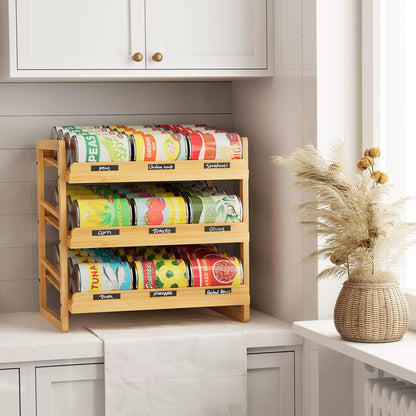 Rolling Bamboo Can Organizer Rack, Stackable Can Storage | Double-Layer Can Storage for Pantry, Canned Goods Holder Dispenser For Countertop Kitchen Cabinet or Pantry Shelf