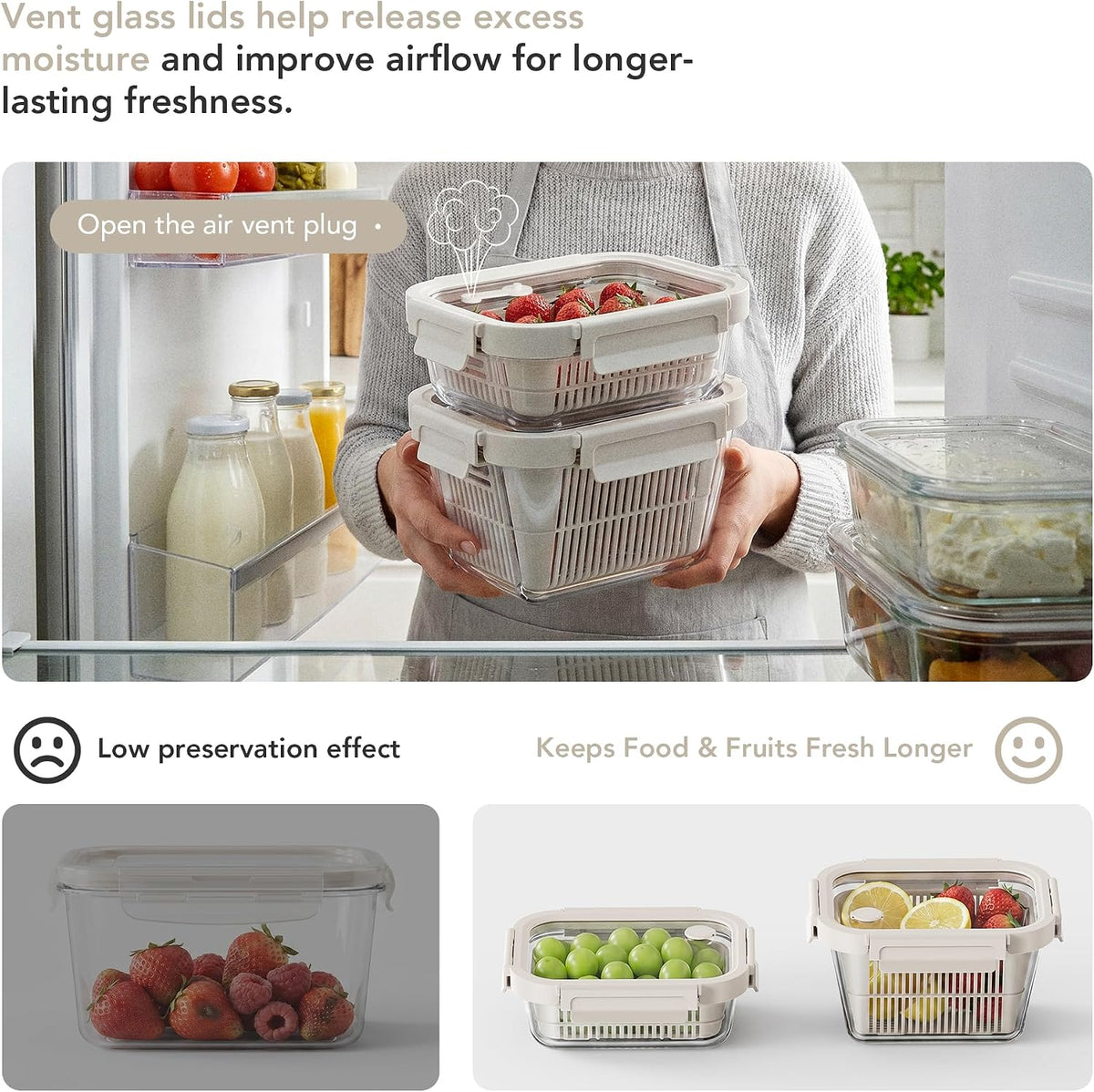 Glass Produce Storage Containers for Fridge, 2-Pack – Airtight Fruit & Vegetable Containers with Removable Colanders, Flexible Silicone Lids,LeakProof, BPA-Free Borosilicate Glass