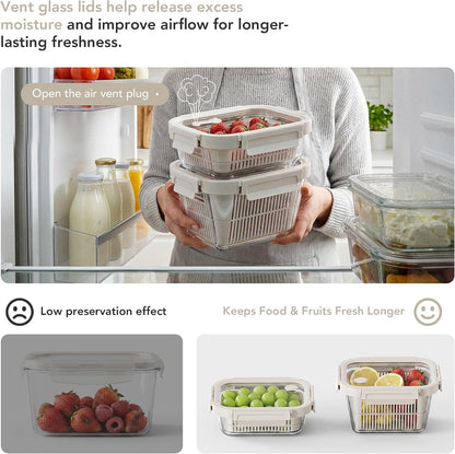 Glass Produce Storage Containers for Fridge, 2-Pack – Airtight Fruit & Vegetable Containers with Removable Colanders, Flexible Silicone Lids,LeakProof, BPA-Free Borosilicate Glass