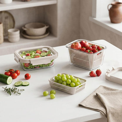 Glass Produce Storage Containers for Fridge, 2-Pack – Airtight Fruit & Vegetable Containers with Removable Colanders, Flexible Silicone Lids,LeakProof, BPA-Free Borosilicate Glass