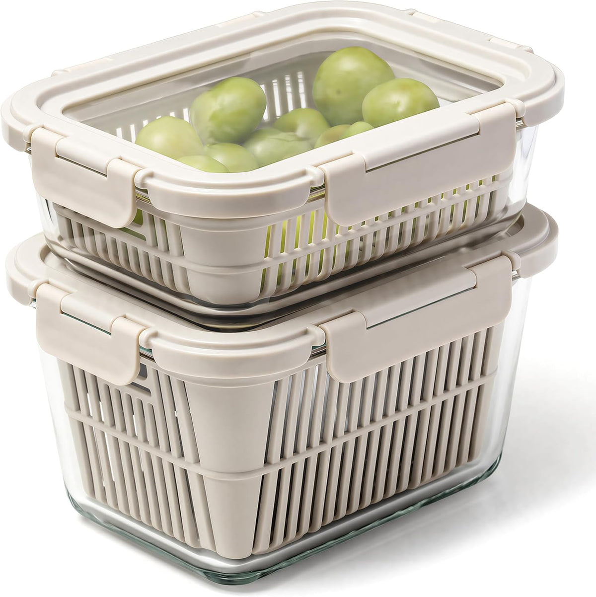 Glass Produce Storage Containers for Fridge, 2-Pack – Airtight Fruit & Vegetable Containers with Removable Colanders, Flexible Silicone Lids,LeakProof, BPA-Free Borosilicate Glass