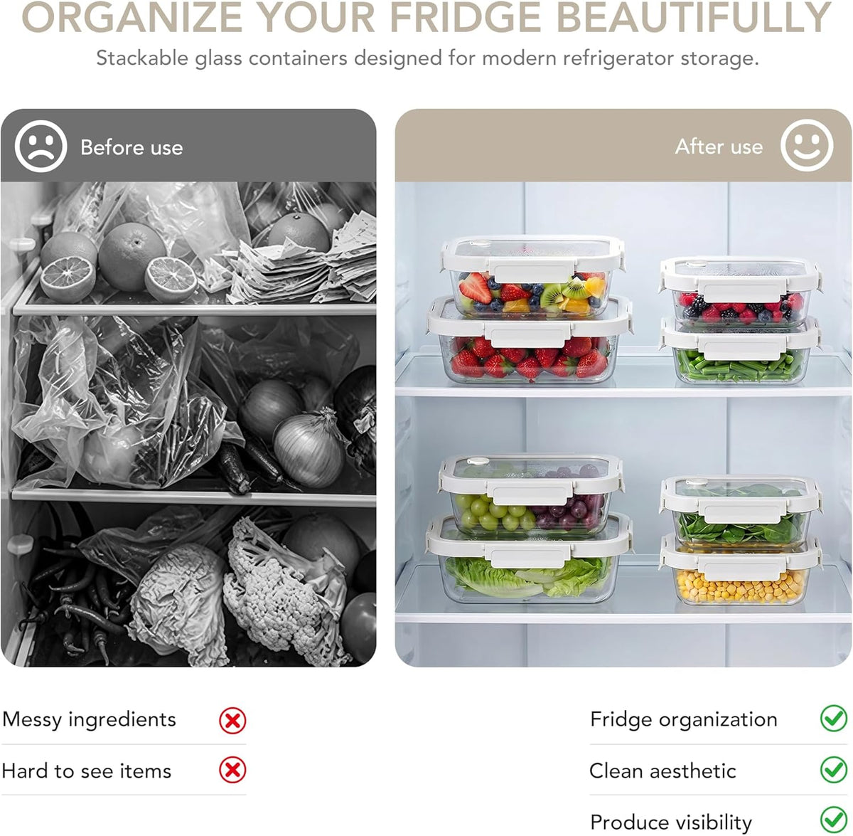 Glass Produce Storage Containers for Fridge, 2-Pack – Airtight Fruit & Vegetable Containers with Removable Colanders, Flexible Silicone Lids,LeakProof, BPA-Free Borosilicate Glass