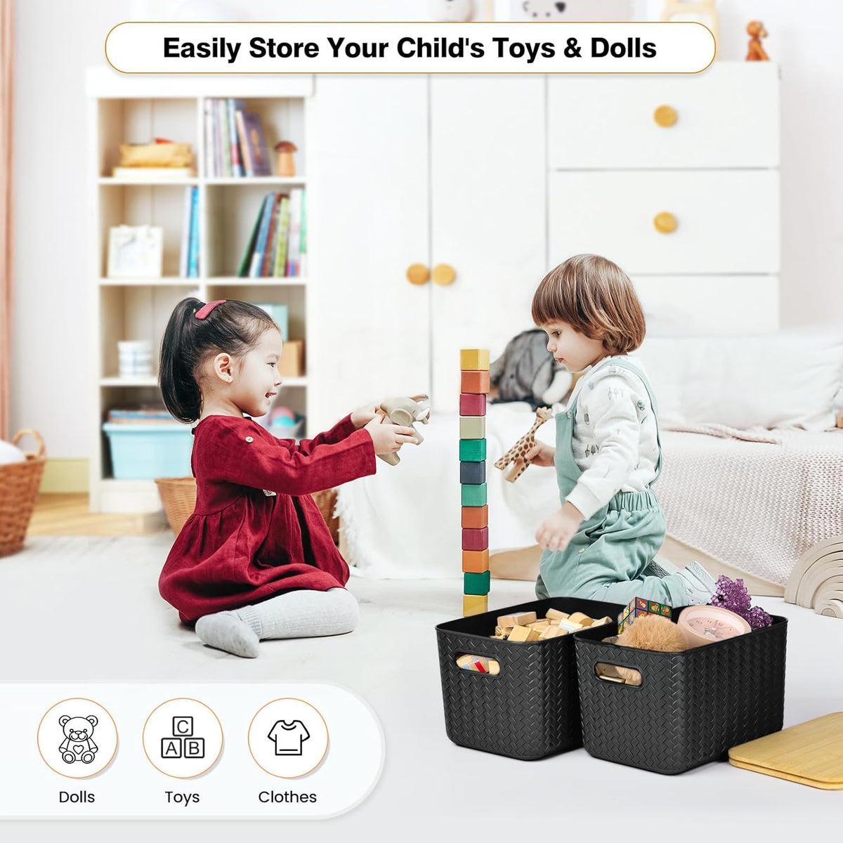4 Pack Storage Bins with Bamboo Lids,Stackable Box for Organization | Plastic Storage Containers with Handle, Storages Baskets for Organizing Desktop Closet Playroom Classroom Office, White