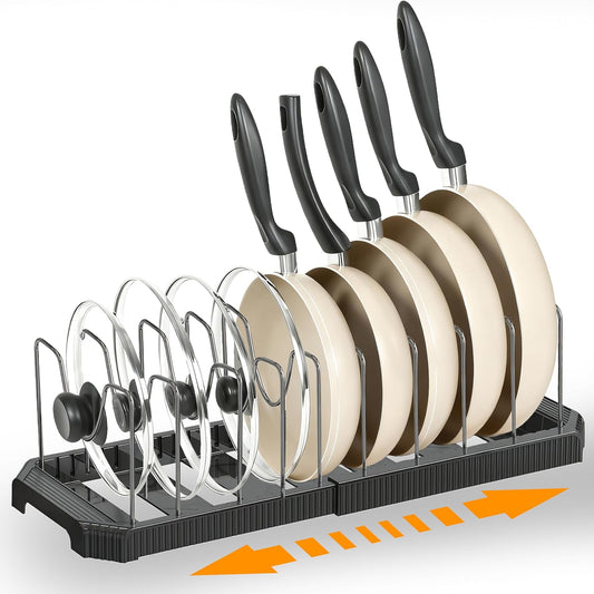 Adjustable Pot Lid Organizer, 9 Compartment Cabinet Storage for Pans, Black | Width adjusts 12 to 20 in, holds pots pans lids cutting boards, wire dividers, non-slip feet, space-saving for kitchen