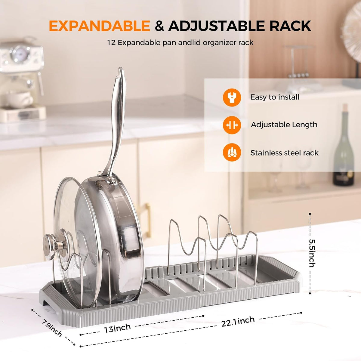 Adjustable Pot Lid Organizer, 9 Compartment Cabinet Storage for Pans, Black | Width adjusts 12 to 20 in, holds pots pans lids cutting boards, wire dividers, non-slip feet, space-saving for kitchen