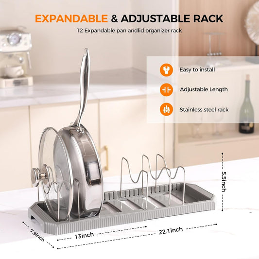 Adjustable Pot Lid Organizer, 9 Compartment Cabinet Storage for Pans, Black | Width adjusts 12 to 20 in, holds pots pans lids cutting boards, wire dividers, non-slip feet, space-saving for kitchen