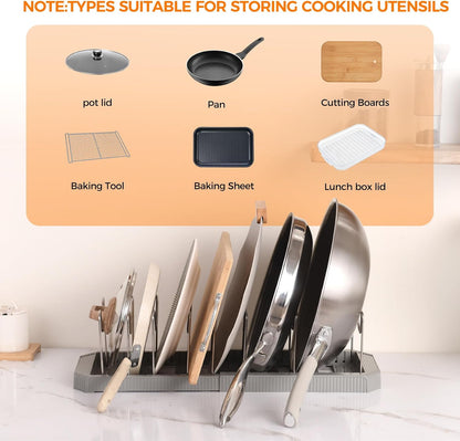 Adjustable Pot Lid Organizer, 9 Compartment Cabinet Storage for Pans, Black | Width adjusts 12 to 20 in, holds pots pans lids cutting boards, wire dividers, non-slip feet, space-saving for kitchen