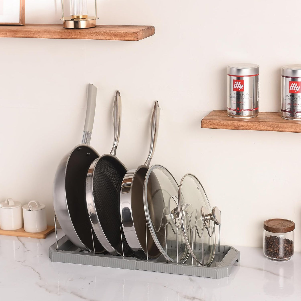 Adjustable Pot Lid Organizer, 9 Compartment Cabinet Storage for Pans, Black | Width adjusts 12 to 20 in, holds pots pans lids cutting boards, wire dividers, non-slip feet, space-saving for kitchen