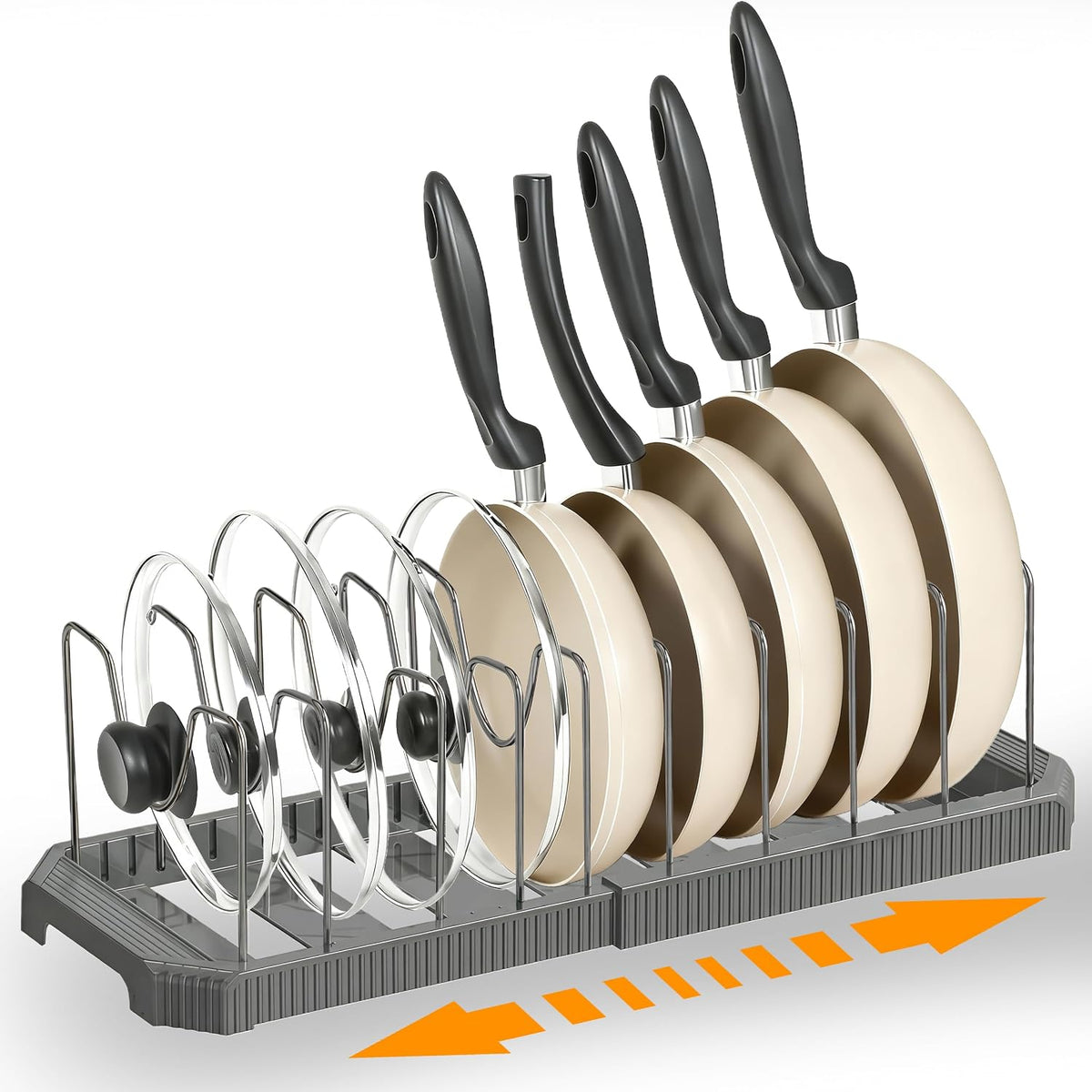 Adjustable Pot Lid Organizer, 9 Compartment Cabinet Storage for Pans, Black | Width adjusts 12 to 20 in, holds pots pans lids cutting boards, wire dividers, non-slip feet, space-saving for kitchen