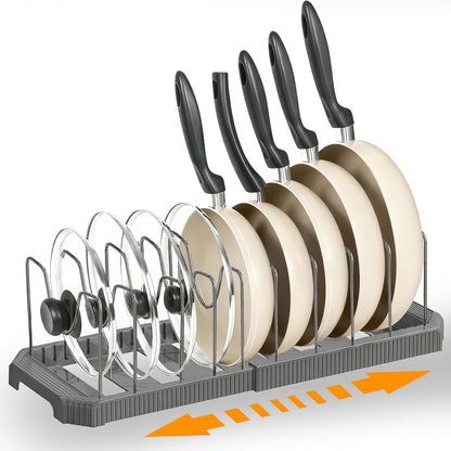Adjustable Pot Lid Organizer, 9 Compartment Cabinet Storage for Pans, Black | Width adjusts 12 to 20 in, holds pots pans lids cutting boards, wire dividers, non-slip feet, space-saving for kitchen
