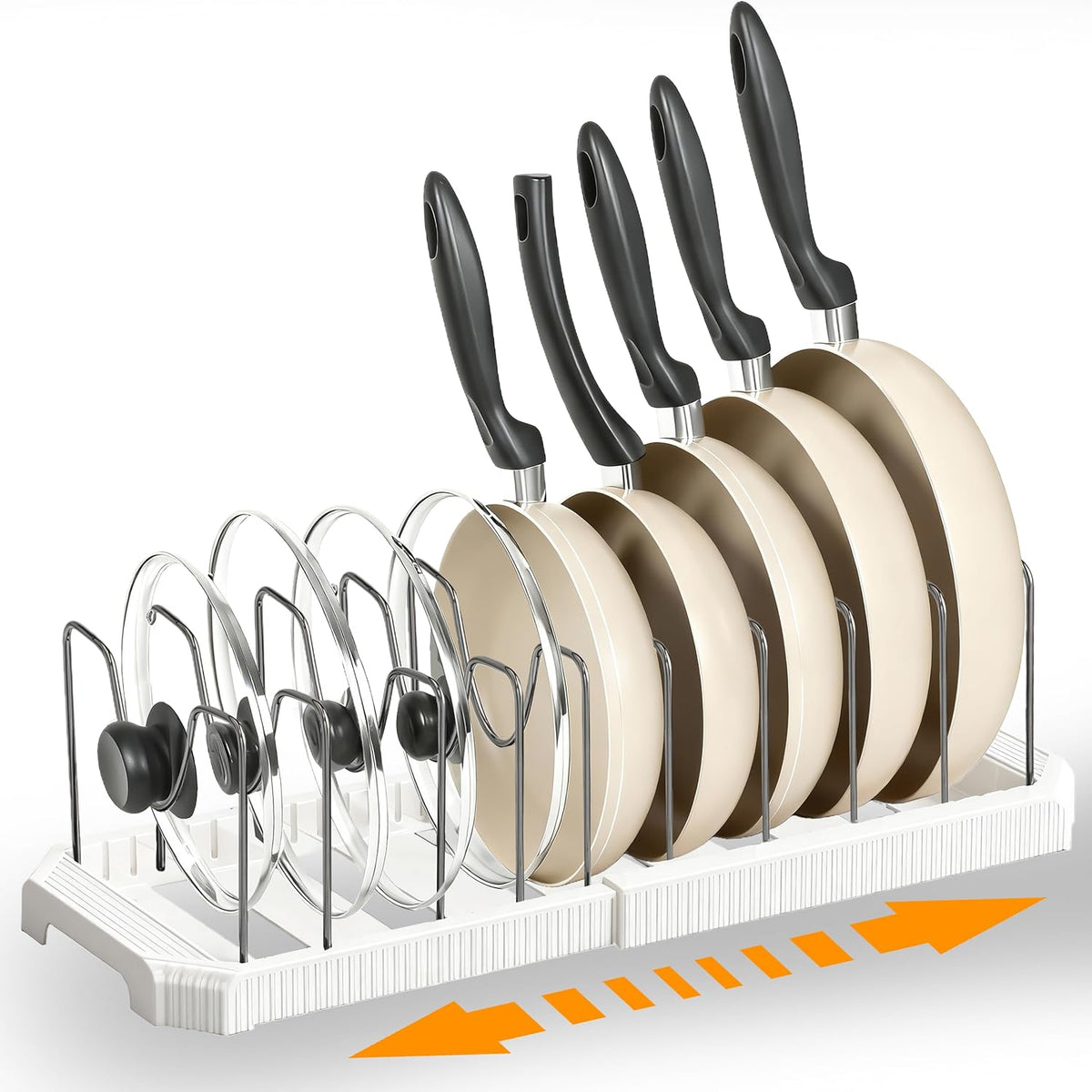 Adjustable Pot Lid Organizer, 9 Compartment Cabinet Storage for Pans, Black | Width adjusts 12 to 20 in, holds pots pans lids cutting boards, wire dividers, non-slip feet, space-saving for kitchen