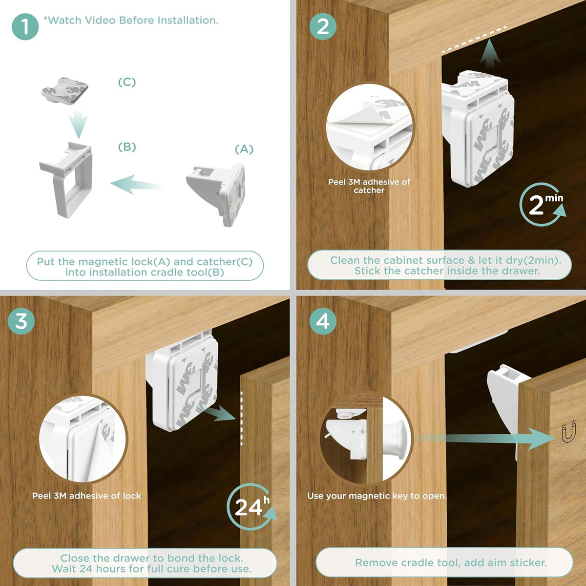 Child Safety Magnetic Cabinet Locks, White