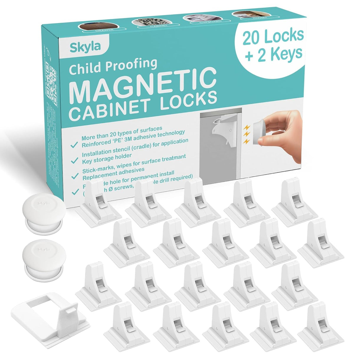 Child Safety Magnetic Cabinet Locks, White