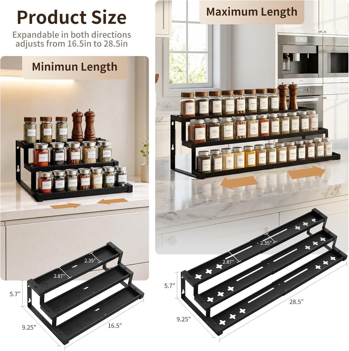 Expandable Spice Rack Organizer for Cabinet, 3-Tier Adjustable Spice Shelf 16"-29", Seasoning Organizer for Cabinet, Pantry & Countertop, Storage Rack for Jars, Bottles & Cans
