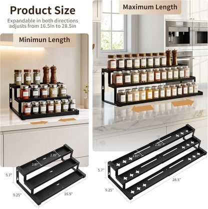 Expandable Spice Rack Organizer for Cabinet, 3-Tier Adjustable Spice Shelf 16"-29", Seasoning Organizer for Cabinet, Pantry & Countertop, Storage Rack for Jars, Bottles & Cans