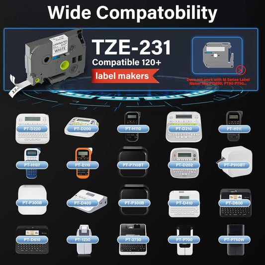 TZE-231 Label Maker Tape 12mm 0.47 Laminated Black on White 1/2" x 8m Replacement for Ptouch TZ TZE TZE231 Label Tape Cassette for PT-D220 PTD220 D220 PT-D210 PTD210 PT-H110 PT-D200 PT-D410