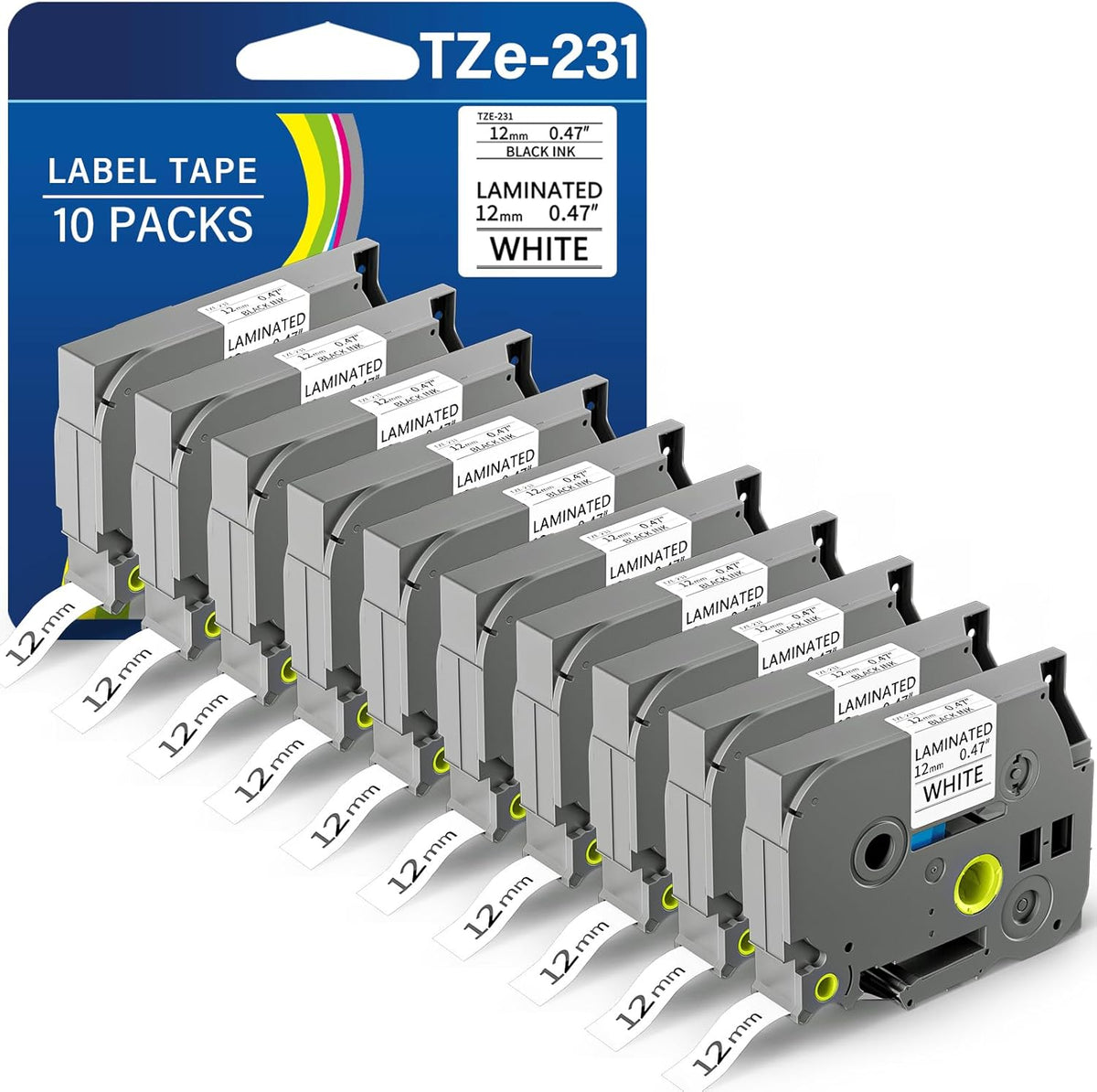 TZE-231 Label Maker Tape 12mm 0.47 Laminated Black on White 1/2" x 8m Replacement for Ptouch TZ TZE TZE231 Label Tape Cassette for PT-D220 PTD220 D220 PT-D210 PTD210 PT-H110 PT-D200 PT-D410