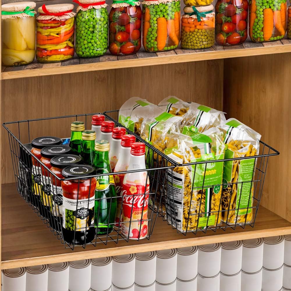 Freezer Baskets Wire Farmhouse Large Organizer Storage Bins Rack for Storage, Office, Bathroom, Pantry Organization with Handles-Set of 2, 15.7"