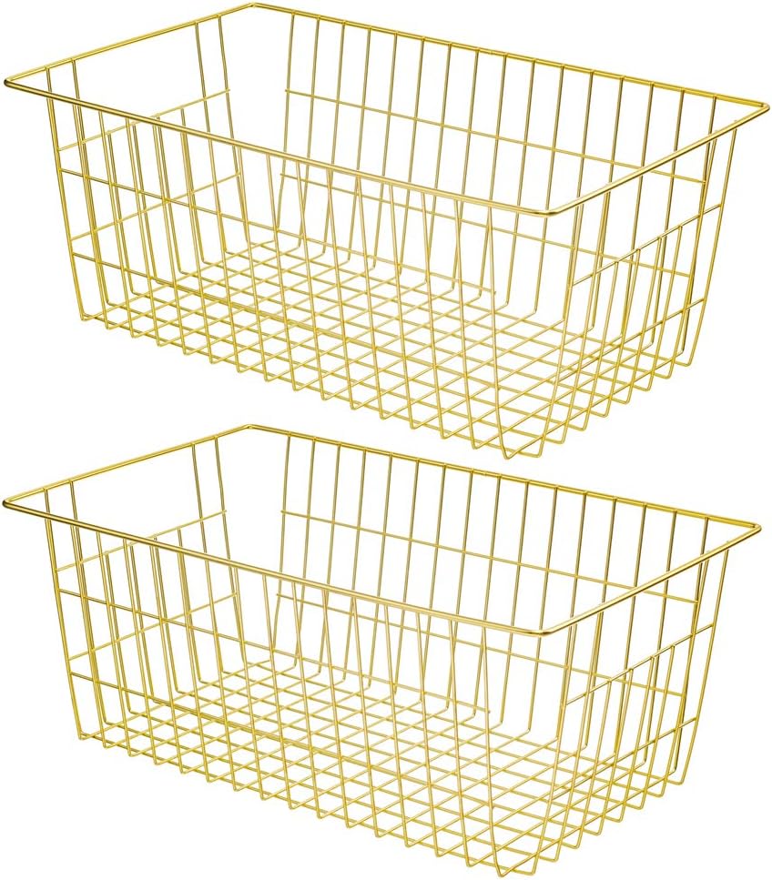 Freezer Baskets Wire Farmhouse Large Organizer Storage Bins Rack for Storage, Office, Bathroom, Pantry Organization with Handles-Set of 2, 15.7"