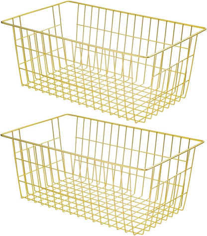 Freezer Baskets Wire Farmhouse Large Organizer Storage Bins Rack for Storage, Office, Bathroom, Pantry Organization with Handles-Set of 2, 15.7"