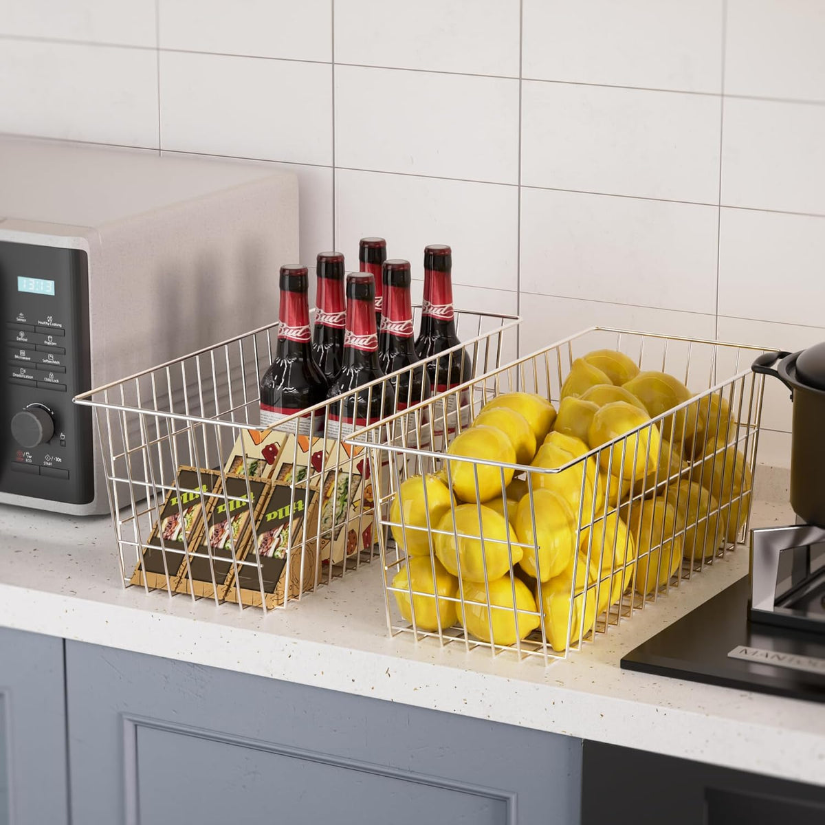 Freezer Baskets Wire Farmhouse Large Organizer Storage Bins Rack for Storage, Office, Bathroom, Pantry Organization with Handles-Set of 2, 15.7"