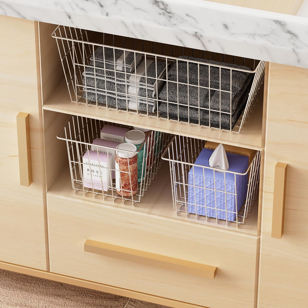Freezer Baskets Wire Farmhouse Large Organizer Storage Bins Rack for Storage, Office, Bathroom, Pantry Organization with Handles-Set of 2, 15.7"