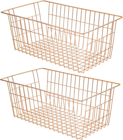 Freezer Baskets Wire Farmhouse Large Organizer Storage Bins Rack for Storage, Office, Bathroom, Pantry Organization with Handles-Set of 2, 15.7"