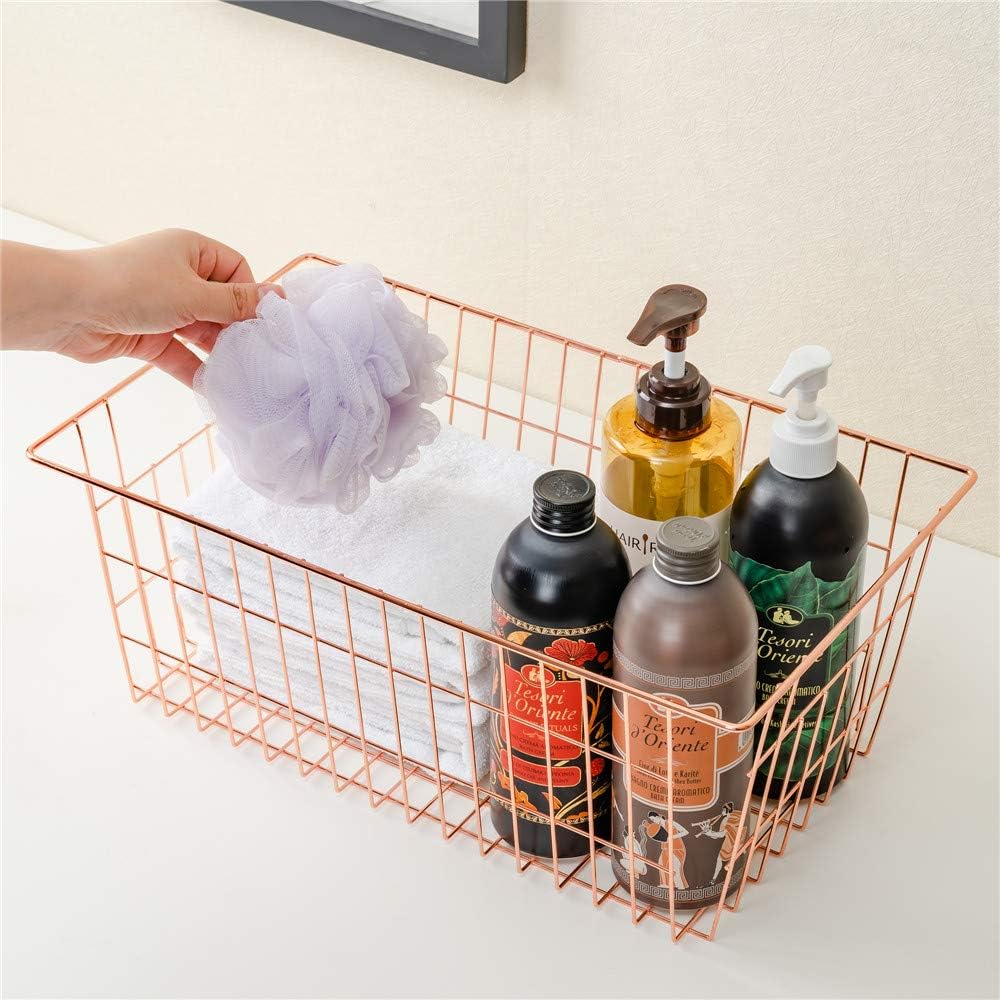 Freezer Baskets Wire Farmhouse Large Organizer Storage Bins Rack for Storage, Office, Bathroom, Pantry Organization with Handles-Set of 2, 15.7"